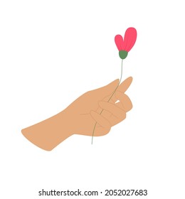 La mano tiene una flor. Ilustración vectorial plana aislada en fondo blanco