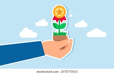 A hand holds a flowering plant with an award medal, illustration of giving appreciation and recognition for hard work