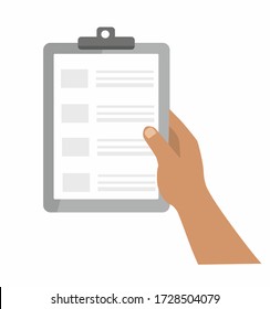 A hand holds a folder, checklist, clipboard for documents with a contract, a recipe, important information on a sheet of paper. Bonded documents. Isolated vector illustration