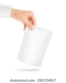 The hand holds food pouch bag mockup. Vector illustration isolated on white background. Front view. Can be use for template your design, presentation, promo, ad. EPS10.	
