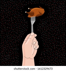 Hand holds a fork with cooked turkey