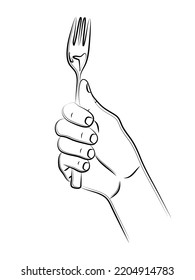 Hand holds fork. Kitchen accessory. Cutlery fork for cooking and eating second courses, salads, meat, side dishes. Use for menu design, recipes, and kitchen goods. Sketch, editable linear drawing