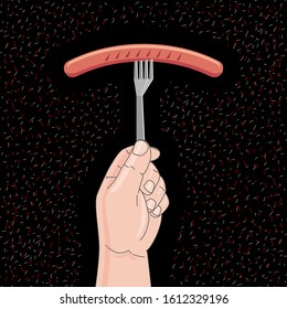 Hand holds a fork with sausage on black background