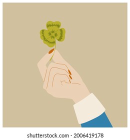 Mano sostiene trébol de cuatro hojas. Talisman, deseo de buena suerte. Ilustración dibujada a mano por vectores. Aislado.