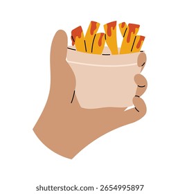 Mão segura batatas fritas em saco de papel. Sem refeições. Comida de lixo popular. Ilustração de vetor plano isolada em fundo branco.