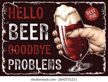 A hand holds a frosty glass of beer in a cozy pub setting. The vibe is relaxed and inviting suggesting a good time with friends while enjoying a well-deserved break.