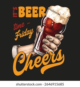 A hand holds a frosty glass of beer showcasing its rich color and foam. Text highlights the joy of beer time on Friday inviting laughter and celebration with friends.