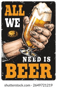 A hand holds a frosty glass of beer highlighting the golden liquid and frothy top. A bottle cap rests on the surface suggesting a laid-back atmosphere for enjoying drinks.