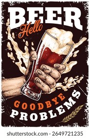 A hand holds a frosty glass of beer with frothy bubbles spilling over the rim. The text conveys a cheerful sentiment promoting relaxation and enjoyment.
