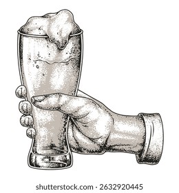 A hand holds a frosty glass filled with pale beer bubbles rising to the top. The setting feels warm and inviting suggesting relaxation and enjoyment with friends.
