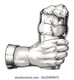 A hand holds up a frosty glass filled with beer showcasing its bubbles and foam. The black and white illustration emphasizes the texture and shape of the glass.