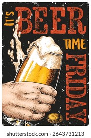 Uma mão segura um copo espumoso de cerveja destacando o líquido dourado derramando sobre a borda. O cenário evoca um ambiente descontraído para comemorar a chegada da sexta-feira.
