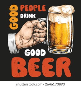 Uma mão segura um copo espumoso de cerveja expressando a alegria de compartilhar bons momentos. Amigos se reúnem celebrando a amizade e os prazeres simples da vida.