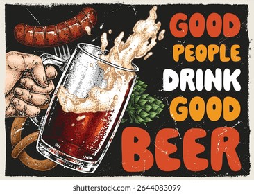 Uma mão segura uma caneca espumosa de cerveja à medida que o líquido espirra. Uma salsicha e pretzel estão próximos sugerindo um ambiente animado perfeito para socializar e desfrutar de bons momentos.