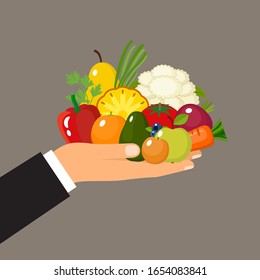 Hand holds fruits and vegetables. Vitamins Healthy eating. Vector illustration