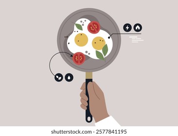 A hand holds a frying pan showcasing three perfectly cooked sunny side up eggs paired with vibrant cherry tomatoes and aromatic green leaves, embodying a delightful breakfast moment