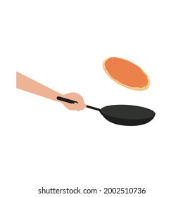 Una mano sostiene una sartén y le arroja un panqueque. Concepto: día internacional de crepes, idea de desayuno, cocina, receta. Ilustración de dibujos animados planos vectores aislados en fondo blanco, eps 10.