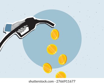 A hand holds a fuel pump nozzle with gold coins pouring out - a concept of fuel prices. Modern collage style. Vector illustration