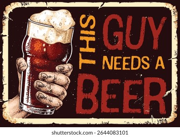 A hand holds a full glass of beer with froth on top. The background features a textured surface that adds to the rustic feel. The scene conveys a sense of relaxation and enjoyment.