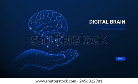 Hand holds futuristic glowing low polygonal brain. Neurology research, artificial mind, artificial intelligence concept. Abstract futuristic vector illustration. Healthy brain concept.