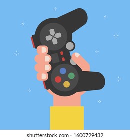 hand holds a gamepad on a blue background. flat vector illustration.