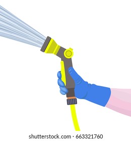 Hand Holds The Garden Watering Hose With Water Spray Gun. Vector Illustration