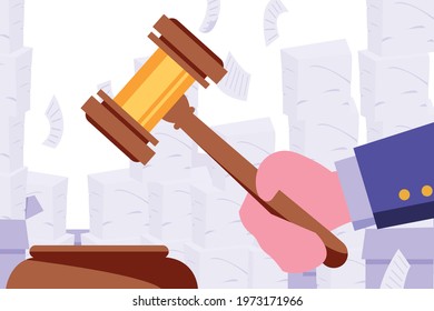 Hand Holds A Gavel. All Rise, The Court Is In Session