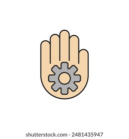 The hand holds a gear. Colored vector icon on a white background.