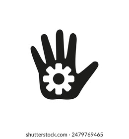 The hand holds a gear. Vector icon. Isolated silhouette on a white background.