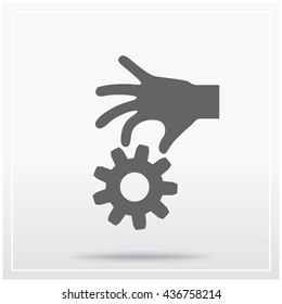 Hand holds the gearwheel. Flat icon of graphical symbol of adjustable mechanism, changes to account settings and so on. Vector illustration