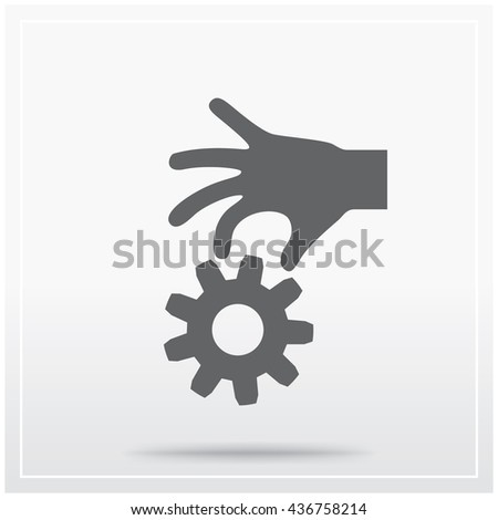 Hand holds the gearwheel. Flat icon of graphical symbol of adjustable mechanism, changes to account settings and so on. Vector illustration