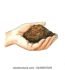 A hand holds a generous pile of dark brown earth, ideal for gardening. The focus is on the texture and color of the soil.