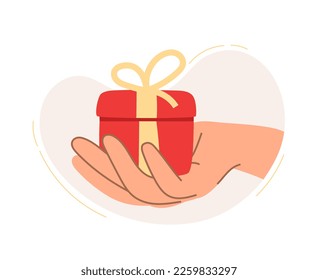 A hand holds a gift box. The concept of a business idea, startup, organization, brainstorming. Vector illustration isolated on a white background