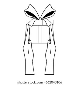 hand holds gift box present wrapped ribbon bow