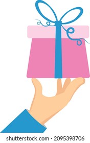 Hand holds a gift box. Vector element in flat style.