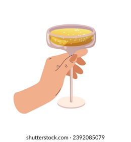 Hand holds glass with champagne on white background. Festive illustration for Christmas. New Years greeting card. Drawing of champagne glass. Vector flat illustration.