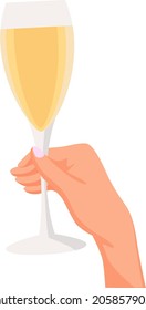 A hand holds a glass of champagne with white wine on a white background. Space for text. Glass in hand.