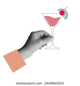 Hand holds a glass of cocktail with a cherry and a lime. Collage element. Vector illustration isolated on white background