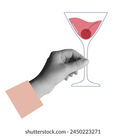Hand holds a glass of cocktail with a cherry. Collage element. Vector illustration isolated on white background