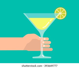 Hand holds a glass with a cocktail with a lime slice. Isolated vector illustration flat design.