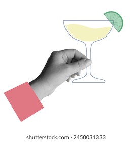 Hand holds a glass of cocktail margarita with a lime. Collage element. Vector illustration isolated on white background