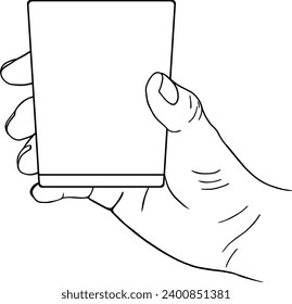 Hand holds a glass or a cup of water, coffee or tea, vector linear illustration, hand drawing