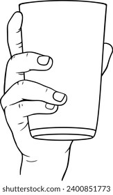 Hand holds a glass or a cup of water, coffee or tea, vector linear illustration, hand drawing