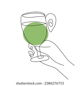 Hand holds a glass with a drink. Continuous one line drawing. Green alcoholic drink, tropical cocktail, fruit juice. Toast, congratulations, cheers. Celebration, party. Vector isolated on white. 