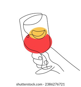 Hand holds a glass with a drink. Continuous one line drawing. Red alcoholic drink, tropical cocktail, fruit juice. Toast, congratulations, cheers. Celebration, party. Vector isolated on white. 