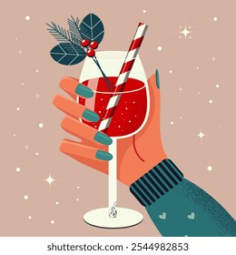 Hand holds glass with festive drink decorated with fir branch, viburnum berries and straw. Glass of wine in hand. Flat illustration.