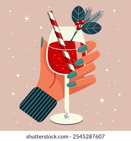 Hand holds glass with festive drink decorated with fir branch, viburnum berries and straw. Glass of wine in hand. Flat illustration.