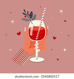 Mão segura um copo com uma bebida festiva, decorado com um ramo de abeto, bagas viburnum e palha. Ano Novo, celebração, Copo de vinho em mãos. Ilustração plana.