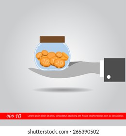 hand holds glass jar with the money icon vector illustration eps10