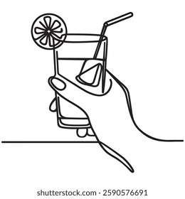 A hand holds a glass of lemonade. Continuous Outline, minimalistic vector illustration